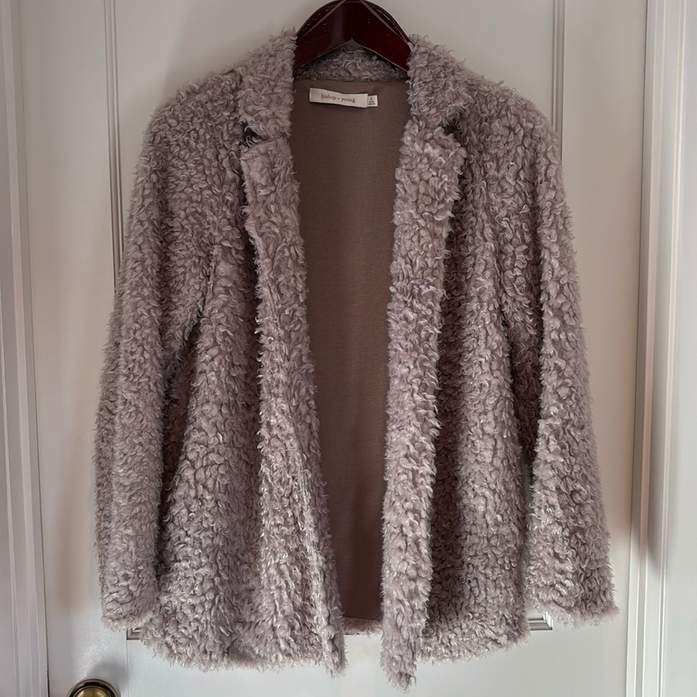Bishop + Young open front teddy jacket in gray / lilac